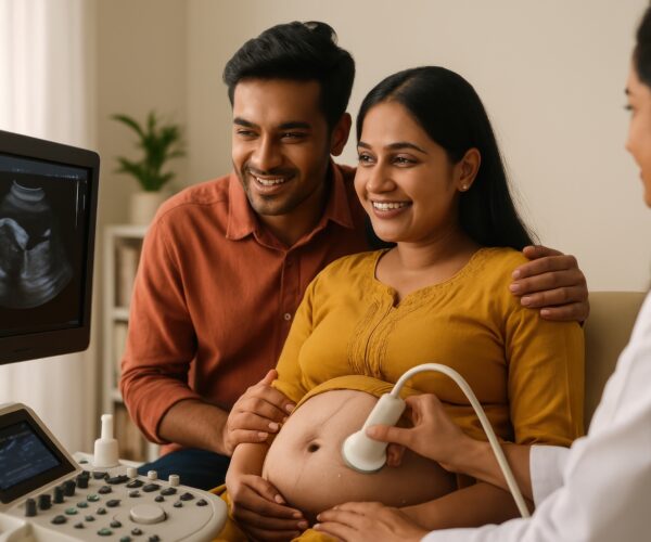 Happy couple during ultrasound.